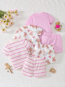 SHEIN Playful Pals Bộ 6 món cho bé gái sơ sinh 0-3 tuổi, mùa xuân hè, kiểu dáng dễ thương, áo thun và quần short họa tiết thỏ, màu trơn và kẻ sọc. - Hồng - Xem 2