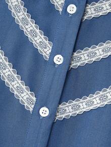 lacRébo 蓝色长袖衬衫，饰以白色蕾丝，浪漫春夏风格，法式巴黎风情 - 藍色 - 查看 9