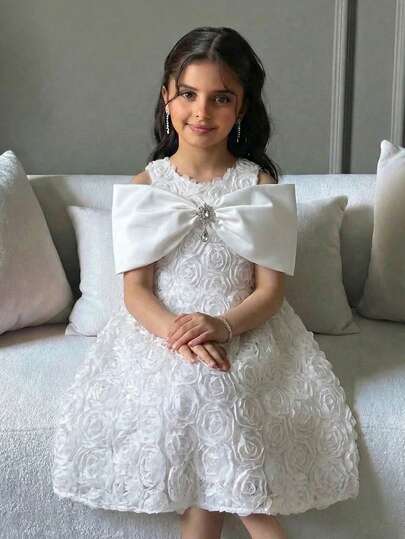 SHEIN 女童纯色3D立体花卉休闲连衣裙