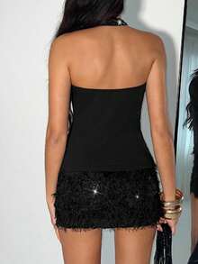 SHEIN PETITE Top corto con cuello de halter, espalda descubierta y parches de lentejuelas, adecuado para fiestas nocturnas en verano - Negro - Ver 2