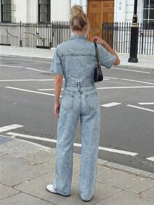 Siren Gaze Women's Short Sleeve Single-Breasted Multi-Pocket Casual Denim Jumpsuit - Medium Wash - View 2