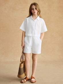 SHEIN Sparklyn 少女休闲街头风，适合度假、外出和上学，INS网红风白衬衫短裤套装 - 白色 - 查看 3