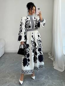 Rafferiza 女士优雅印花长袖连衣裙 - 黑色 - 查看 6