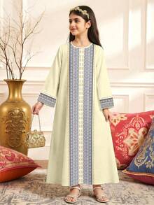 Tween Girls Casual Minimalist Arabic Traditional Jalabiya Long Dress,Iconic Graphic Print,Beige Modest Wedding Guest Dress For Autumn/Winter & Spring - Multicolor - View 1