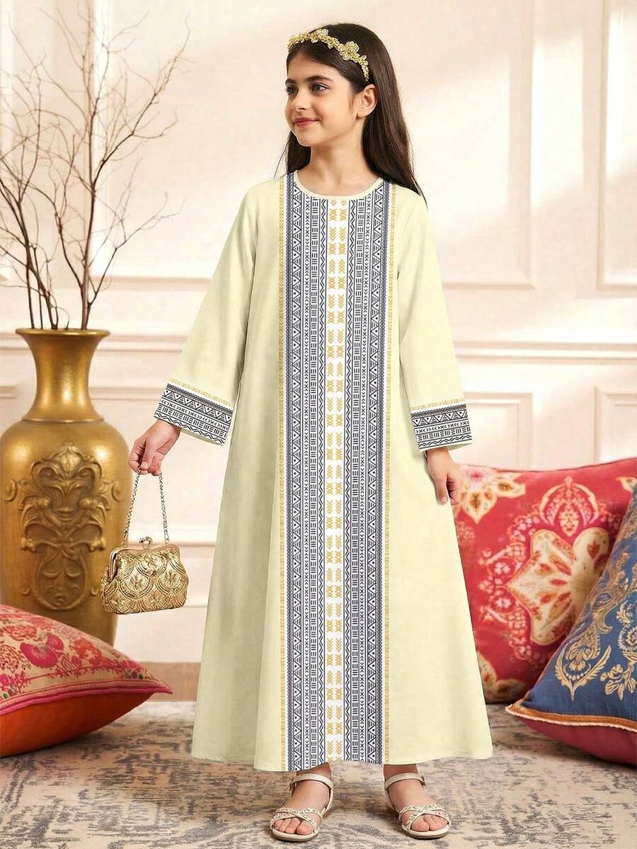 Tween Girls Casual Minimalist Arabic Traditional Jalabiya Long Dress,Iconic Graphic Print,Beige Modest Wedding Guest Dress For Autumn/Winter & Spring - Multicolor - View 1