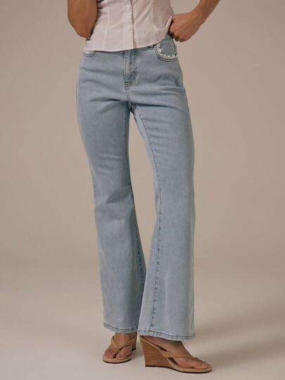 MUSERA Fitted Flare Trim Waistband Denim Jeans Spring Summer Cute Cosy Cottage Core Spring Dew