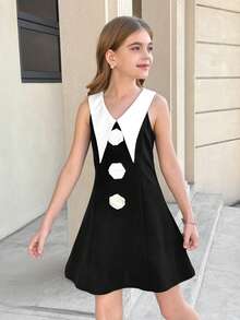 SHEIN Tween Girl Floral Decor Contrast Collar Sleeveless Black And White Dress,Summer Cute Modest Elegant Evening Party Formal Kids Mother Daughter Outfit - Black - View 4