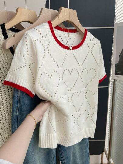 SHEIN Franclia Casual Style Loose Round Neck Short Sleeved Woolen Heart Hollow Knit Contrasting Edge Design Beige Women's Spring And Summer Knitted Top, Summer Outfits For Women Summer Tops Summer Holiday Outfits Valentine Outfits For Women Going Out Tops Casual Knitted Tops For Women White Top