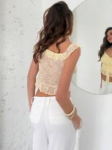 Aloruh Women's Solid Color Ruffle Hem Fitted Casual Blouse, Versatile For Dates And Outings - Light Yellow - View 2