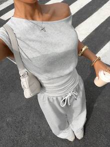 Muchica 女士夏季新款斜肩收腰上衣和宽松裤套装 - 灰色 - 查看 4