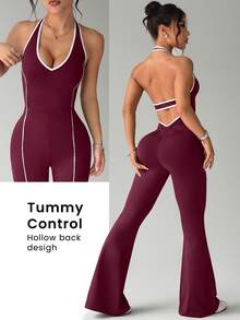 Dewbera 撞色滚边露背吊带连体裤 - 酒紅色 - 查看 3