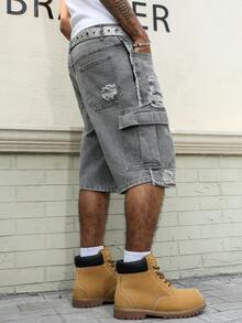 Manfinity EMRG Men's Casual Distressed Frayed Hem Grey Denim Shorts - Dark Grey - View 8