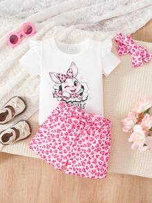 SHEIN 2件套女婴/男女通用婴幼儿0-3岁复活节兔子荷叶边袖上衣和印花裤子套装，夏季 - 彩色 - 查看 3