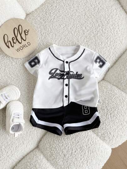 SHEIN 新生男宝宝休闲运动可爱百搭字母印花短袖宽松T恤和短裤套装
