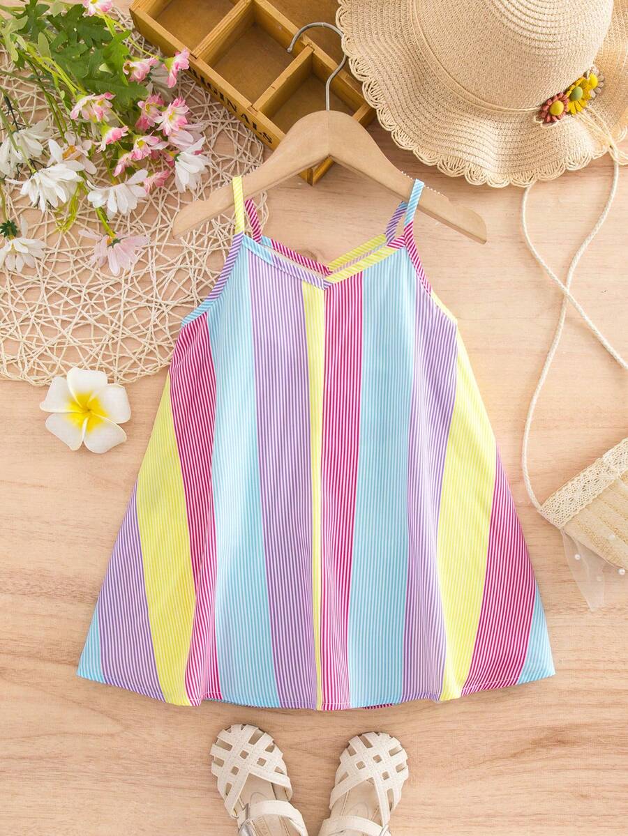 SHEIN Chiếc váy chống nắng một mảnh dễ thương cho bé gái với họa tiết kẻ sọc, màu sắc đơn giản, dễ phối đồ và tươi tắn này rất phù hợp cho mùa xuân và mùa hè. Váy cầu vồng, Váy cầu vồng màu pastel, Váy bé gái, Váy mùa xuân màu pastel, Váy nhiều màu sắc cho bé gái, Váy màu pastel, Váy nhiều màu sắc cho bé, Váy đi biển cho bé gái, Váy kẻ sọc nhiều màu sắc cho váy cầu vồng. - Nhiều màu - Xem 1