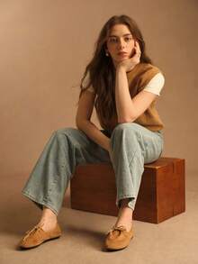 Rosivie Giày lười nữ mũi tròn, đế bằng, buộc dây, chất liệu da lộn, thoải mái. - Màu Khaki - Xem 7