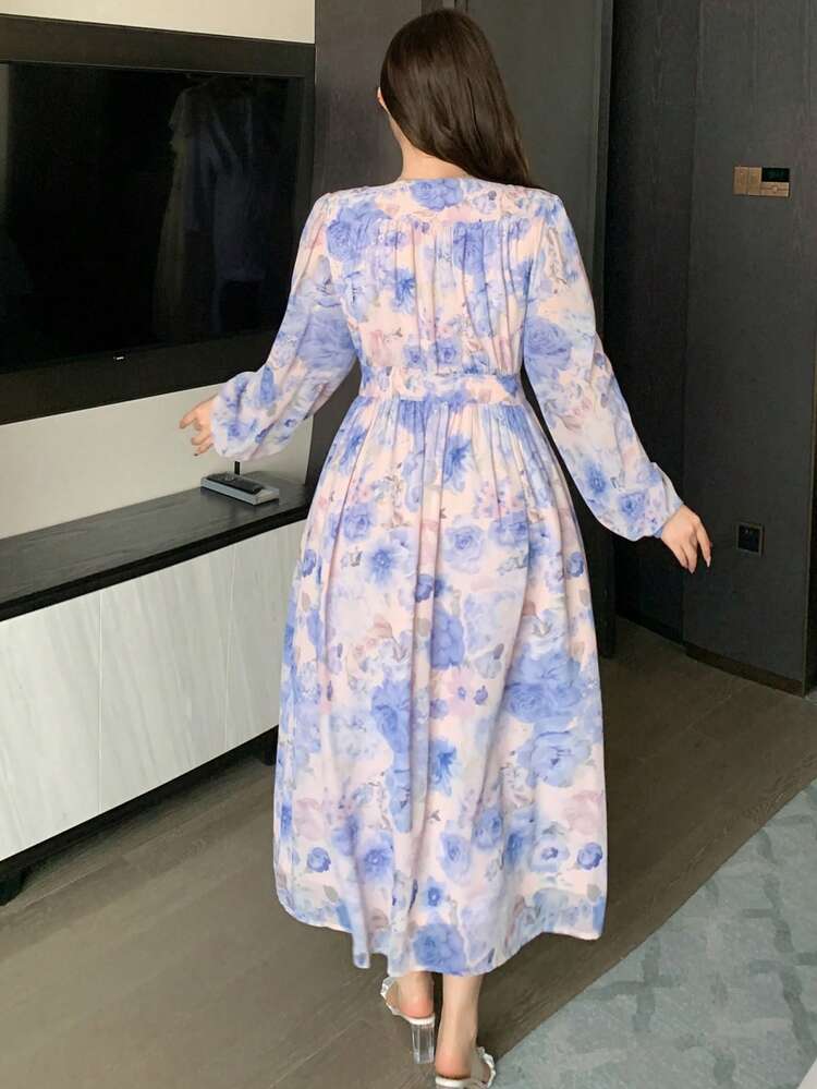 Dazy Plus Plus Size Women Elegant Floral Print Chiffon Maxi Dress With Lantern Sleeves, Blue, Spring/Summer Vacation Style Sundress Boho
