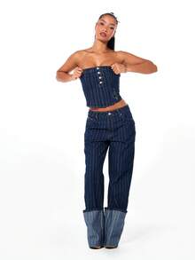 BABYPHAT 条纹牛仔翻边牛仔裤，饰有刺绣文字细节，高腰阔腿复古水洗棉质休闲裤，秋冬时尚单品 - 藍色 - 查看 3