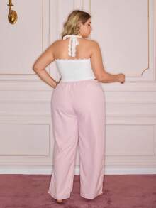 Slumberry CURVE Cute & Comfortable INS Fashion Lace Bow Tie Blouse And Striped Pants Plus Size Pajama Set Curvy Pajama Set Pajamas Plus Size Set Plus Size Sleepwear Set Plus Size Pj Set - White - View 2