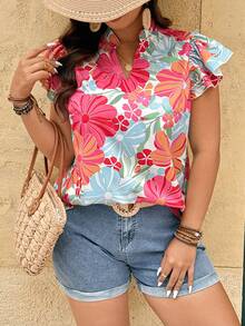 Breezaya Damen Große Größen Bluse mit Blume Muster, V-Ausschnitt und Rüschenärmeln, Lässig - Verschiedenfarbig - Übersicht 3