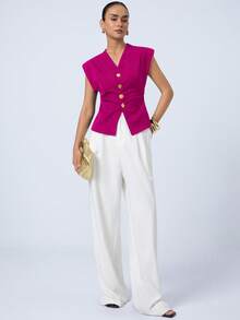 Aveloria Modichic Áo vest tay ngắn cổ chữ V xếp ly eo cao cấp thời trang mới, áo sơ mi không tay xẻ tà bất đối xứng cài kim loại đa năng dành cho nữ công sở - Màu Hồng Tươi - Xem 6