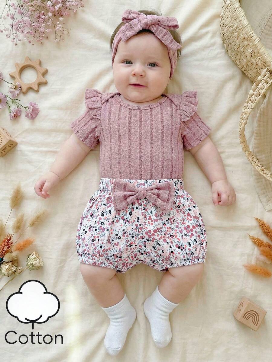 SHEIN Vintaside Kids 3pcs/Set Infant/Toddler Cute Casual Outing Round Neck Ribbed Embroidered Ruffle Sleeve Romper, Pants, Bow Headband Set, Spring/Autumn - Pink - View 1