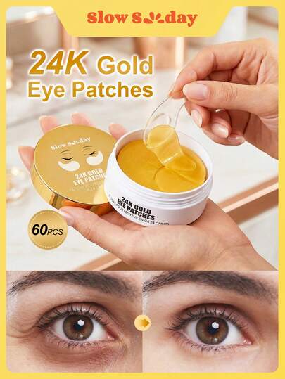 SlowSunday 24K金眼膜，30对装，韩国胶原蛋白眼膜，眼部胶原蛋白贴，蕴含24K金、胶原蛋白和透明质酸钠，有效淡化眼袋、改善黑眼圈、紧致肌肤、抗皱、提亮眼周，适合眼部浮肿，冬季适用，新年适用，Y2K适用，派对必备