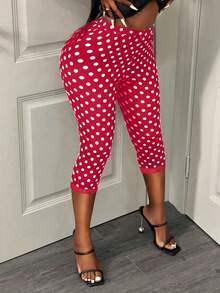 BamGleam Women's Polka Dot Print High Waist Skinny 7/8 Length Leggings  Vacation Boho Sexy Plain Plaid Striped Casual - Red - View 5