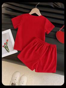 SHEIN 女童可爱爱心刺绣针织短袖T恤套装，时尚靓丽，适合休闲、运动、户外、度假等场合。 - 白色 - 查看 2