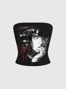 ROMWE Dark Anime Inspired Cropped Camisole Top For Women - Black - View 2