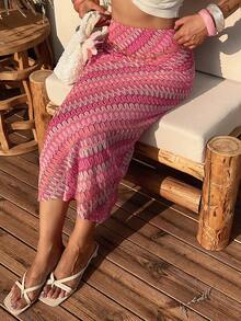 Livesso Women's Summer Vacation All-Over Print Side Zipper Slit Skirt - Coral Pink - View 3