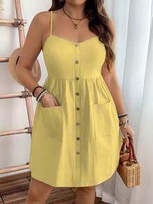 EMERY ROSE Plus Size Casual Daily Summer Pure Cotton Textured Fabric Pocket Waist Midi Strap Dress - Yellow - View 4