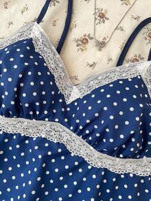 SHEIN Teen Girls' Blue & White Polka Dot Lace Camisole Elegant White Lace Trim Camisole, Suitable For Summer, Vacation, Casual, Home, Bohemian Style - Navy Blue - View 4