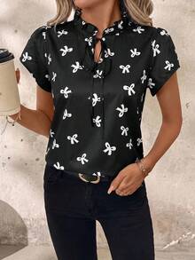 SHEIN Clasi Áo kiểu nữ ôm dáng, cổ buộc nơ, tay ngắn, thích hợp cho mùa hè, phong cách đồng quê, thích hợp cho giáo viên. - Đen và trắng - Xem 1