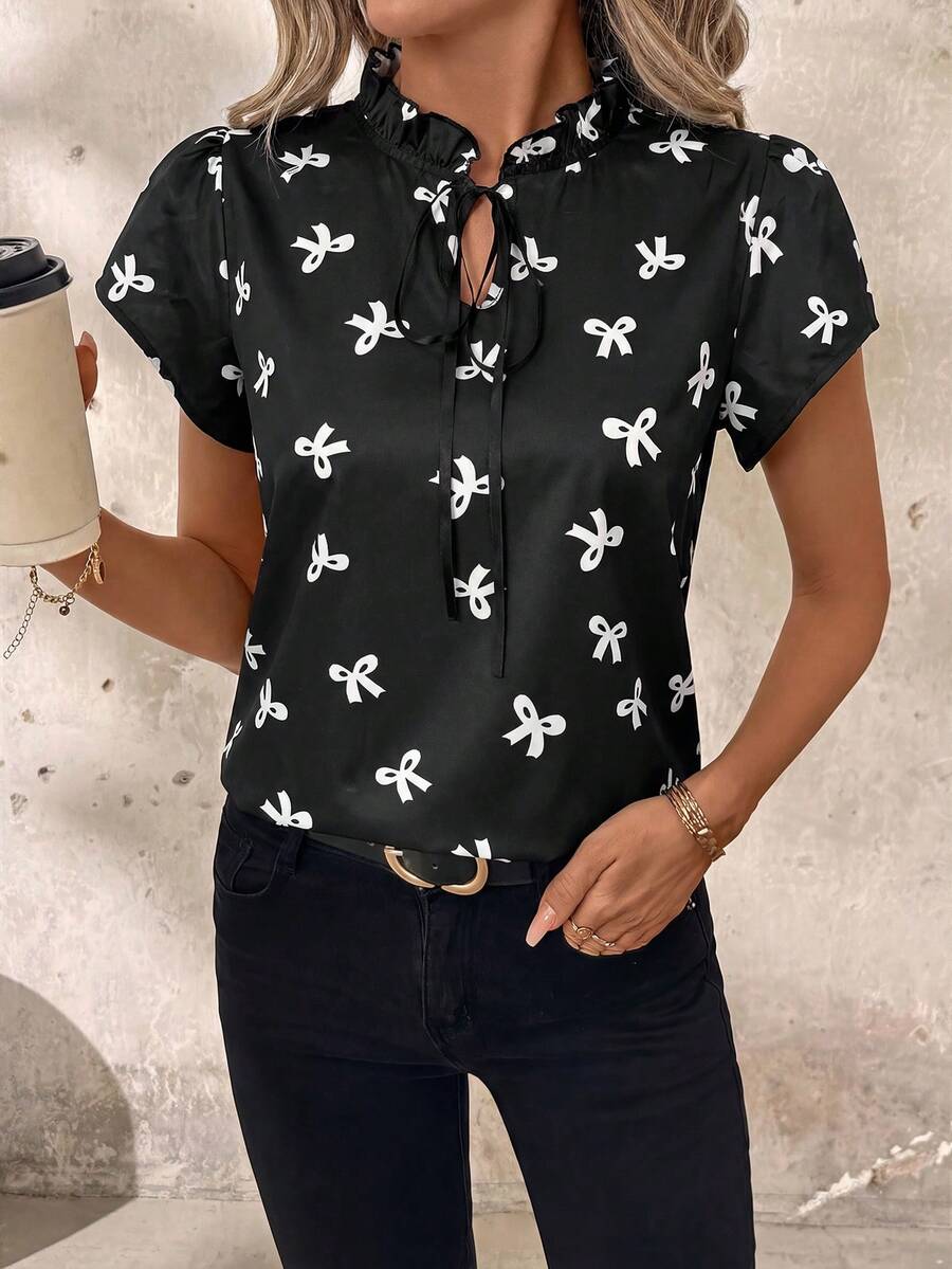 SHEIN Clasi Áo kiểu nữ ôm dáng, cổ buộc nơ, tay ngắn, thích hợp cho mùa hè, phong cách đồng quê, thích hợp cho giáo viên. - Đen và trắng - Xem 1