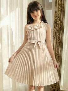 SHEIN Tween Girl Elegant Asymmetric Shoulder Ruched Ruffle Hem Ruched Loose A-Line Woven Solid Color Dress, Apricot, Spring/Summer - Apricot - View 5