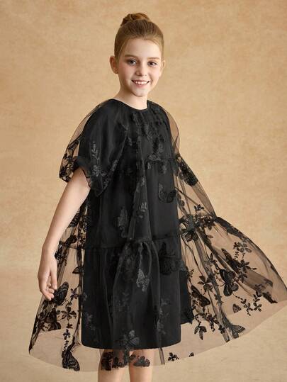 Tween Girls' Summer Casual Mesh Patchwork Butterfly Embroidery Puff Sleeve Dress
