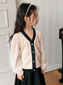 DAZY Young Girl Contrast Color V-Neck Lantern Sleeve Single-Breasted Casual Shirt - Apricot - View 4
