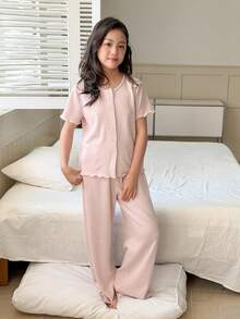 DAZY 少女圆领罗纹单排扣短袖上衣和阔腿裤休闲家居服套装 - 粉色 - 查看 5