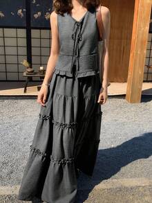 FRIFUL Conjunto de 2 piezas de mujer con cárdigan con lazo y tirantes, y falda con cintura elástica y volantes en el bajo, estilo natural - Gris - Ver 7