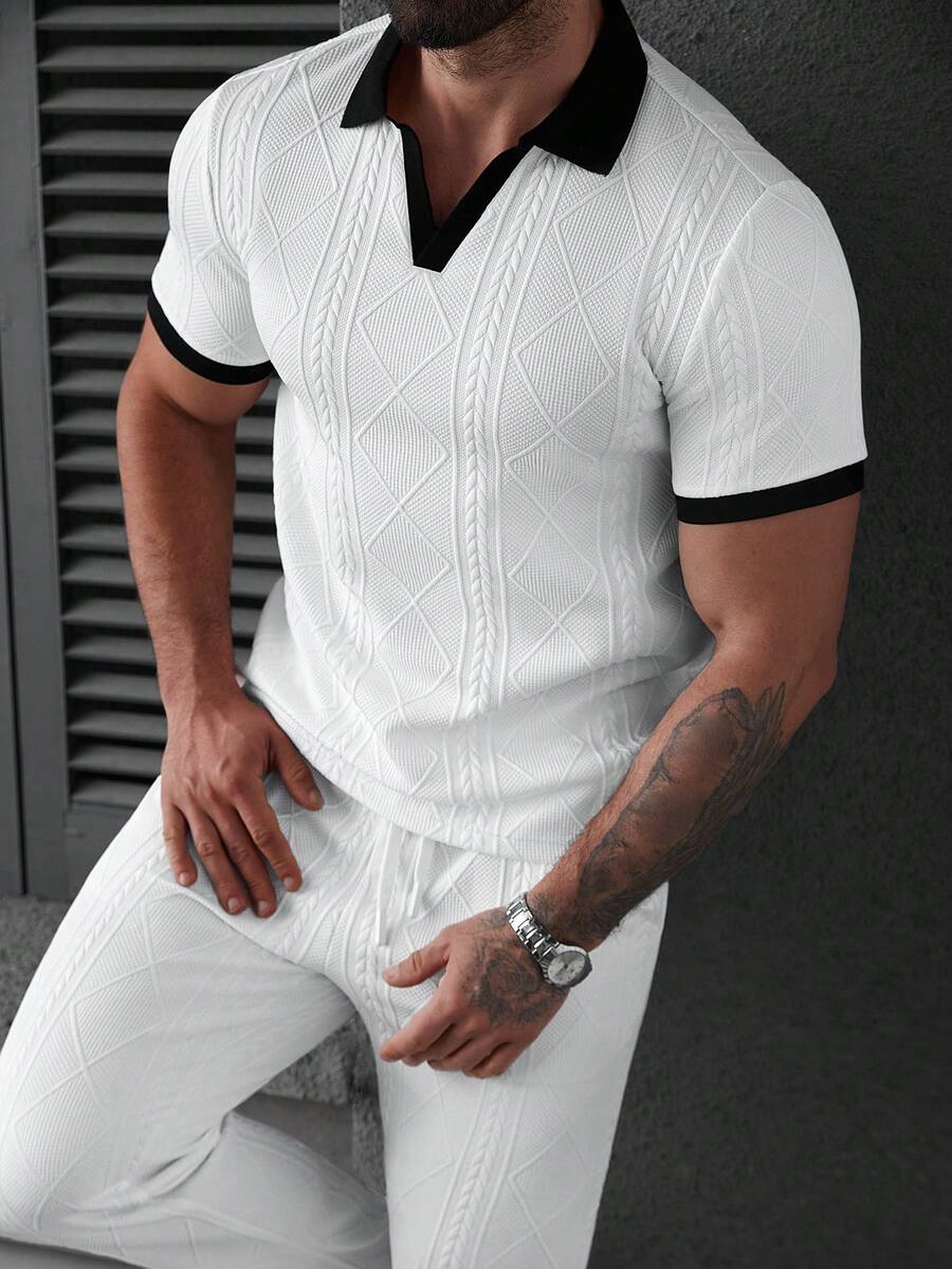 Manfinity Homme Men's Casual Contrast Cuff Polo Shirt Set - White - View 1