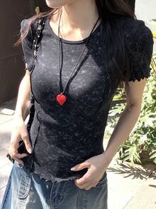 DAZY Women's Casual Distressed Washed Round Neck T-Shirt, Spring/Summer - Black - View 4