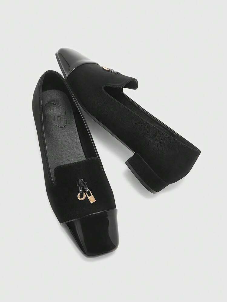 CUCCOO BIZCHIC Women Shoes Women's Fashion Square Toe Low Coarse Heel Black Basic Simple Commuter Versatile Women's Flat Shoes Women's Shoes Valentine's Day Spring Shoes