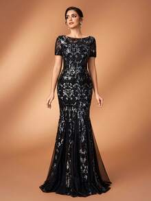 Serin Elegant Luxurious Embroidered Sequin Lace Mesh Sheer Sleeve Fishtail Dress, Suitable For Weddings, Parties, Vacations, Galas, Holidays, Bridal, Mother Of The Bride Evening Gowns - Black - View 2