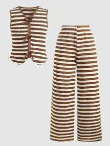 SHEIN 2pcs/Set Girls' Cute Bow Striped Outfit - Multicolor - View 2