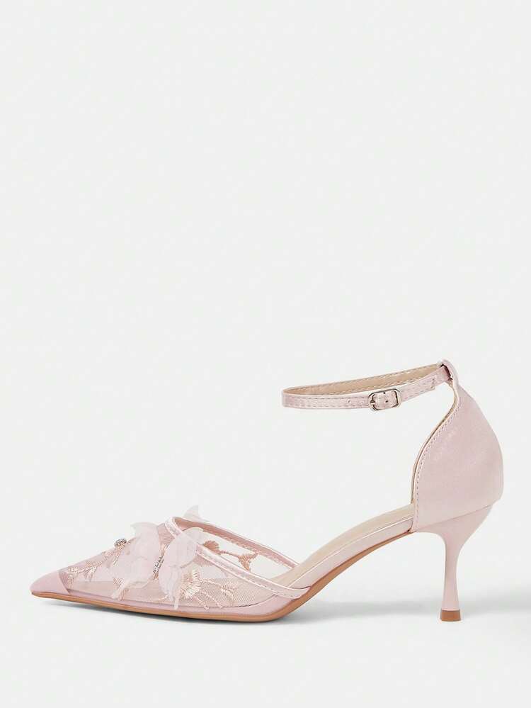 CUCCOO HITCHD Women Shoes Four Seasons New Embroidery Butterfly Type Flower Point Thin Heel High Heel Shoes Elegant Sexy Mesh Women's High Heel Shoes Rear Foot Wristband High Heel Shoes Sexy Elegant Fashion Wedding Valentine's Day Afternoon Tea Elegant Wear Valentine's Day Elegant Shoes Wedding Shoes