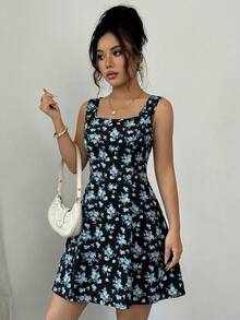 Rafferiza Đầm chữ A không tay dành cho nữ, họa tiết hoa nhí, cổ vuông và thắt eo. - màu đen - Xem 3