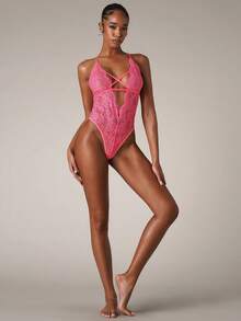 SHEIN BAE Floral Lace Criss Cross Lace Up Backless Teddy Bodysuit Lingerie - Hot Pink - View 3