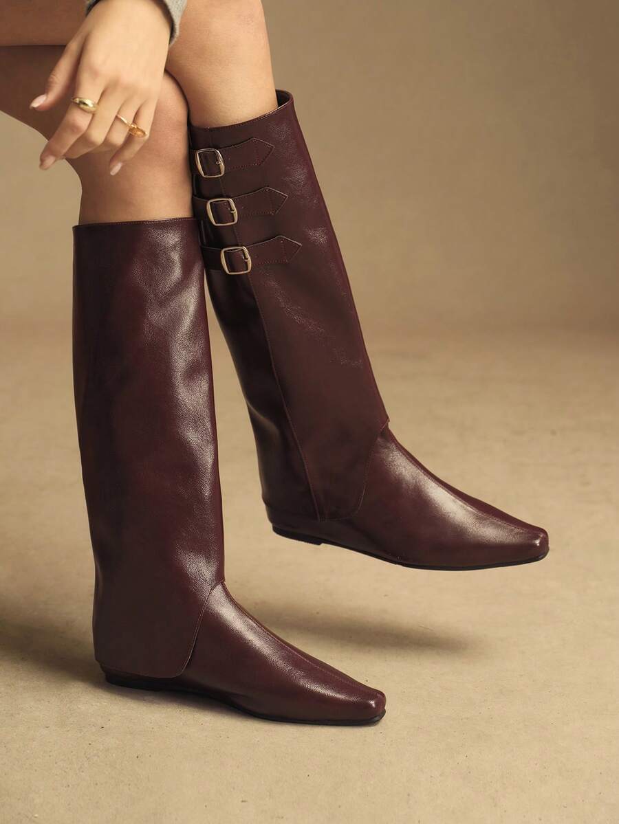 Rosivie 女士尖头搭扣设计休闲时尚过膝长靴 - 棕色 - 查看 1