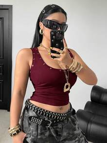 POPSWAY Áo corset bó sát phong cách Punk dành cho nữ cỡ lớn, trang trí kim loại, áo hai dây xếp nếp, áo khoác ngoài, áo nữ dễ thương, áo kiểu Y2K, áo quấn. - Màu Đỏ Sâu - Xem 3